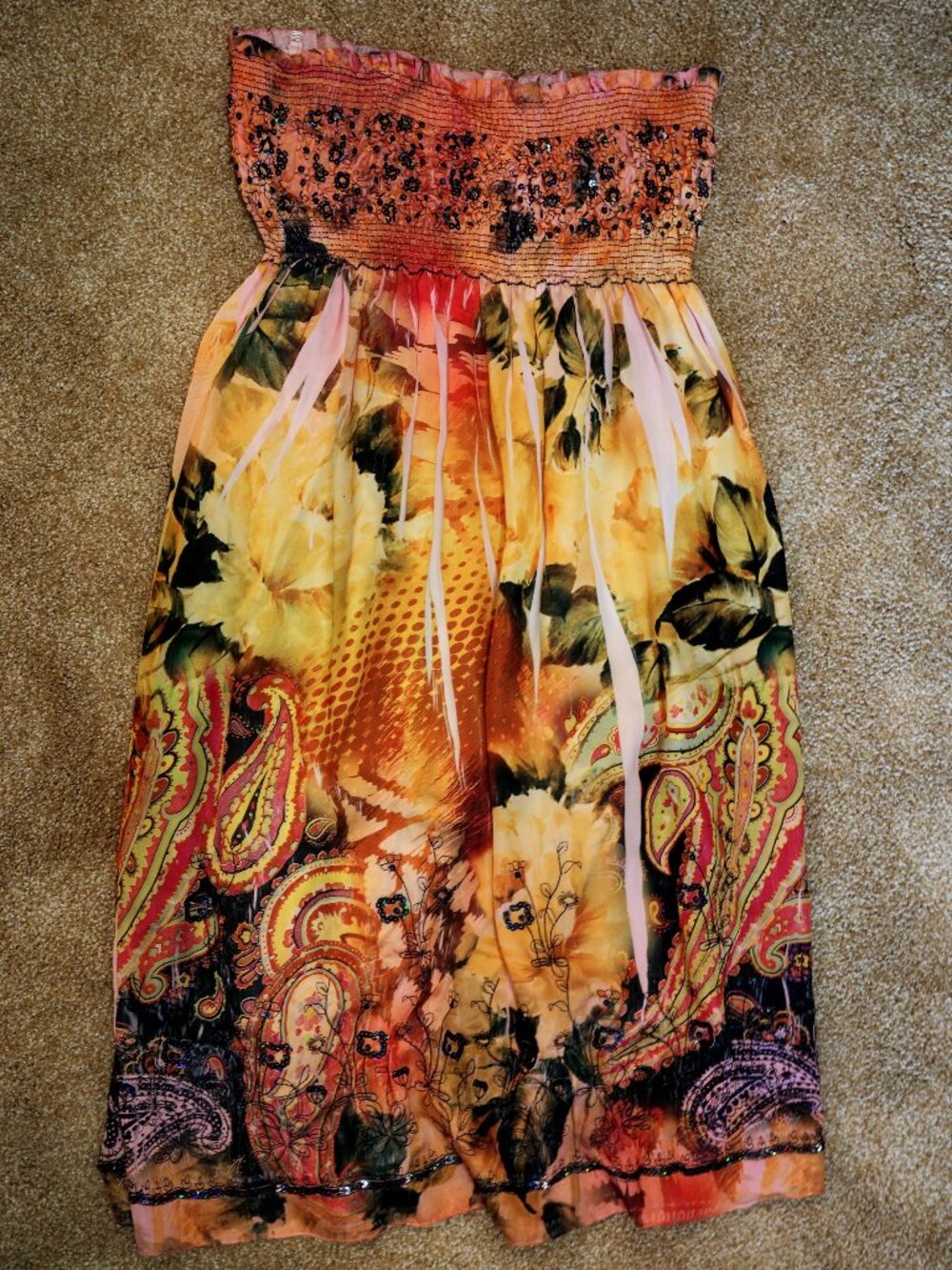 LAPIS Multicolor Yellow Sequin Empire Lined Strapless Dress One Size Smocked